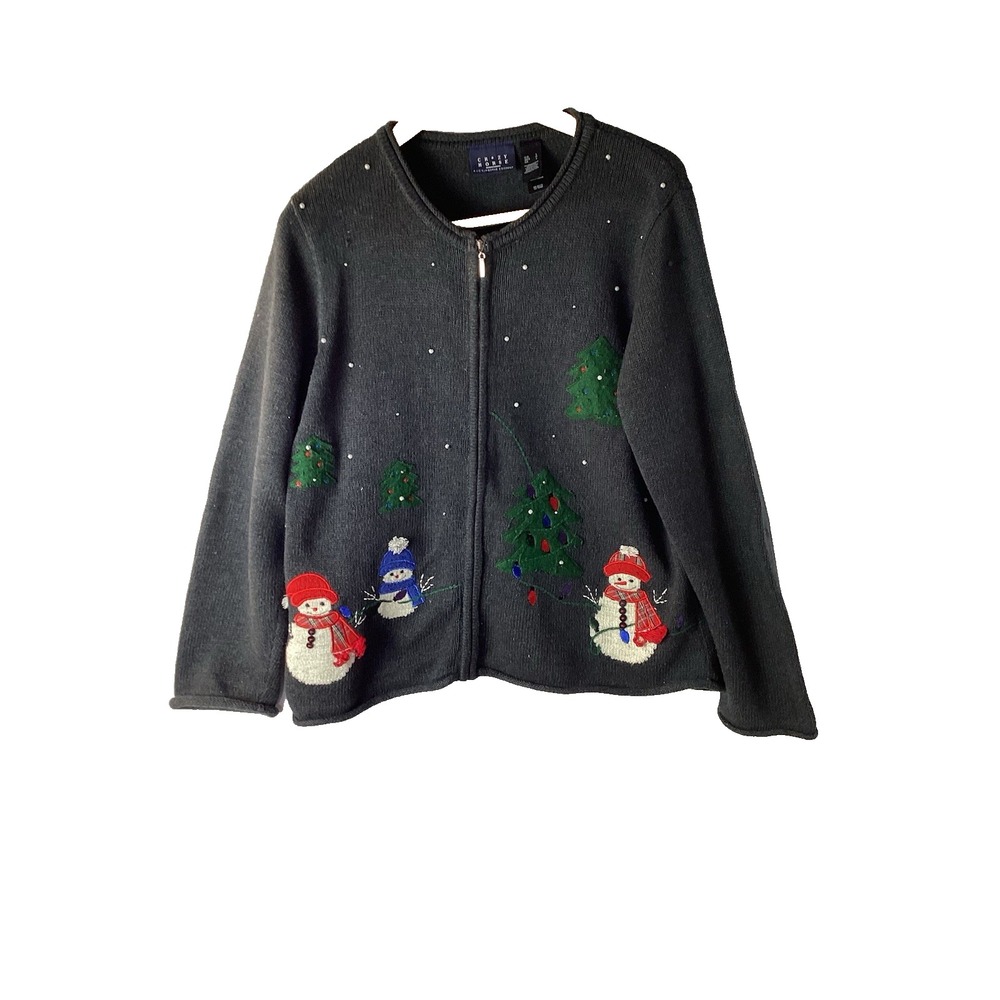 VTG Crazy Horse Full Zip Cardigan Sweater Sz L Gray 3D Snowman Christmas Winter